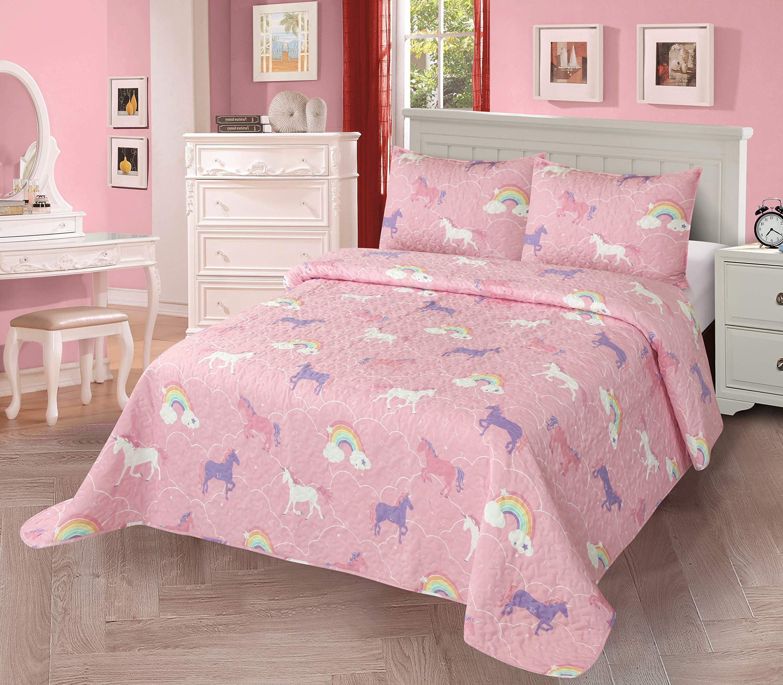 3Pc Full/Queen Quilt Bedspread Set Kids/Teens Girls Unicorn Rainbow Pink Purple White New